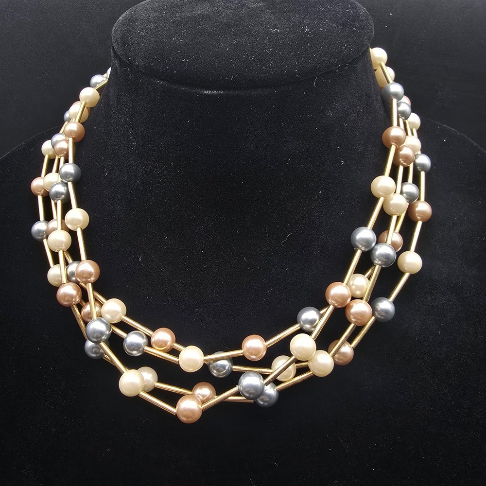 Avon 1987 Cashmere Faux Pearl Necklace Multicolor Gold Tone Layered